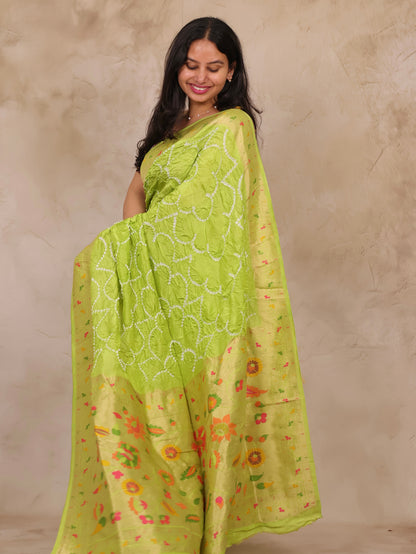 Pista Green Handcrafted Pattern Bandhani Paithani Dola Silk Saree | Looms & Tassels