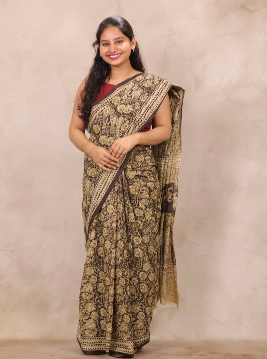 Black Hand Block Printed Kalamkari Cotton Saree | Looms & Tassels