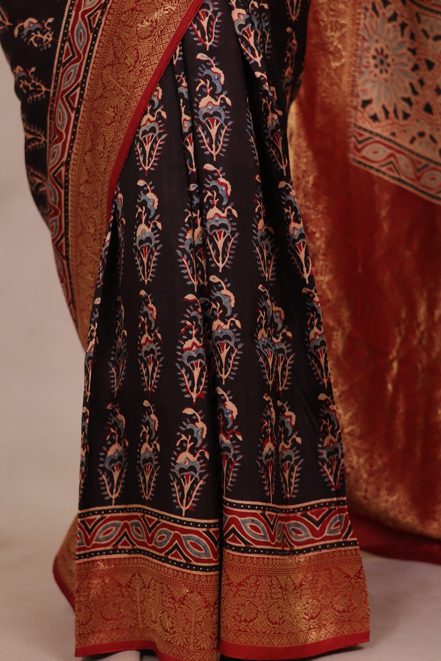 Black Ajrakh Handblock printed Dola Silk Saree | Looms & Tassels