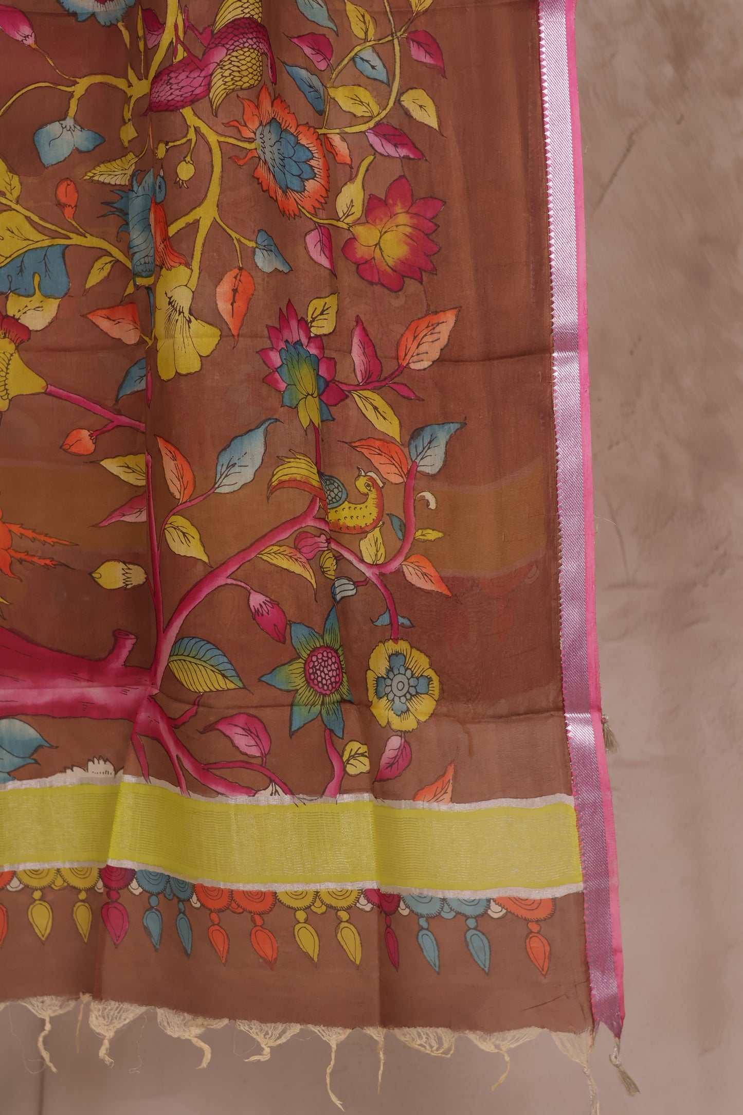 Brown Pen Kalamkari Mangalagiri silk Dupatta