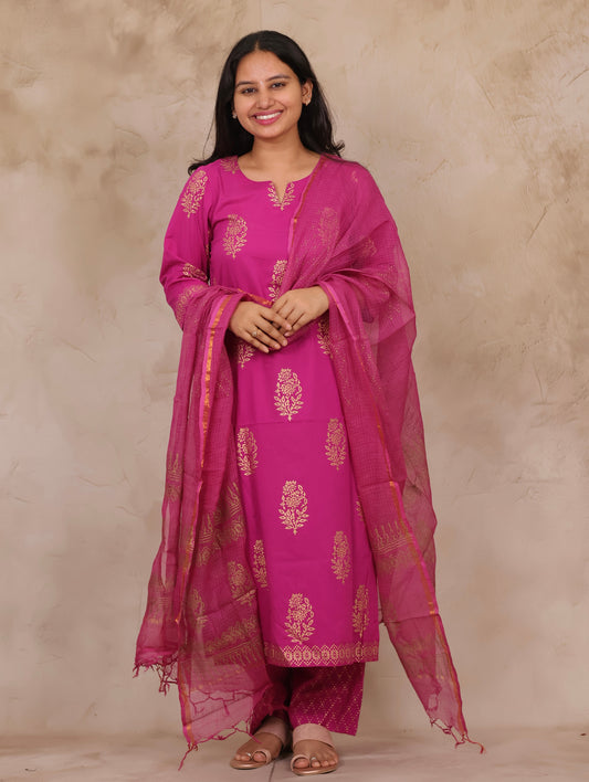 Magenta Handblock printed Pure Mul Cotton with Kota Doria Duppata 3 piece suit (stitched)
