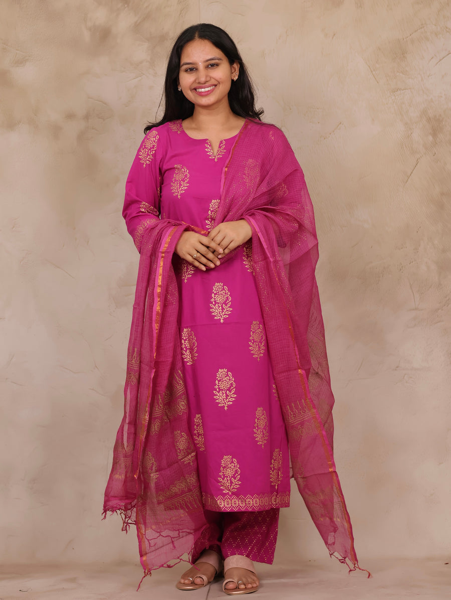 Magenta Handblock printed Pure Mul Cotton with Kota Doria Duppata 3 piece suit (stitched)