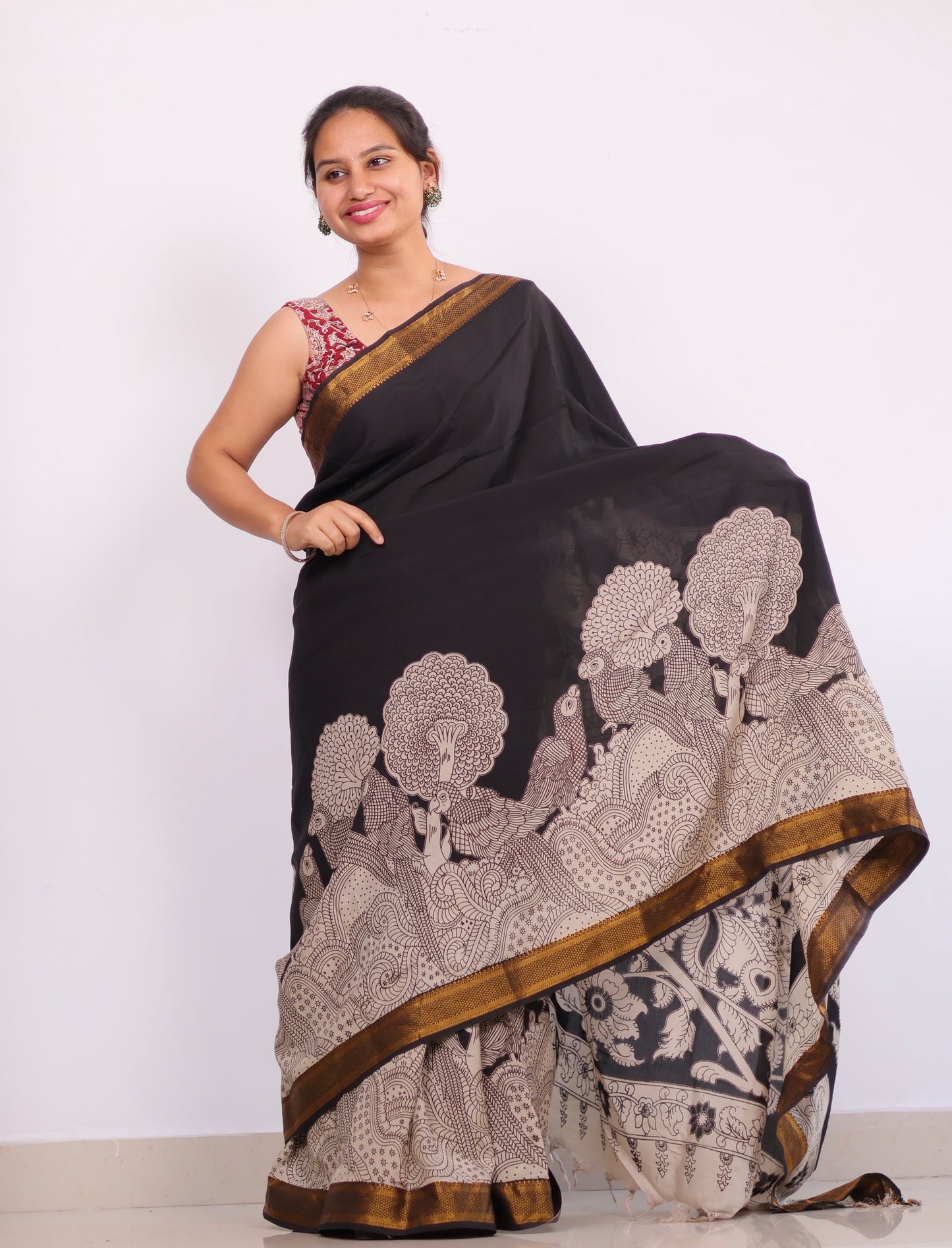 Black Nizam Border Kalamkari Silk Saree