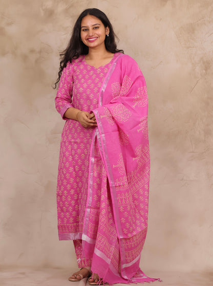 Pink Linen Cotton Handblock printed 3 piece suit (stitched)