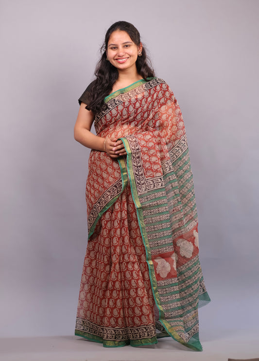 Pure Kota Doria Saree with Bagru Handblock Prints – Red | Looms&Tassels