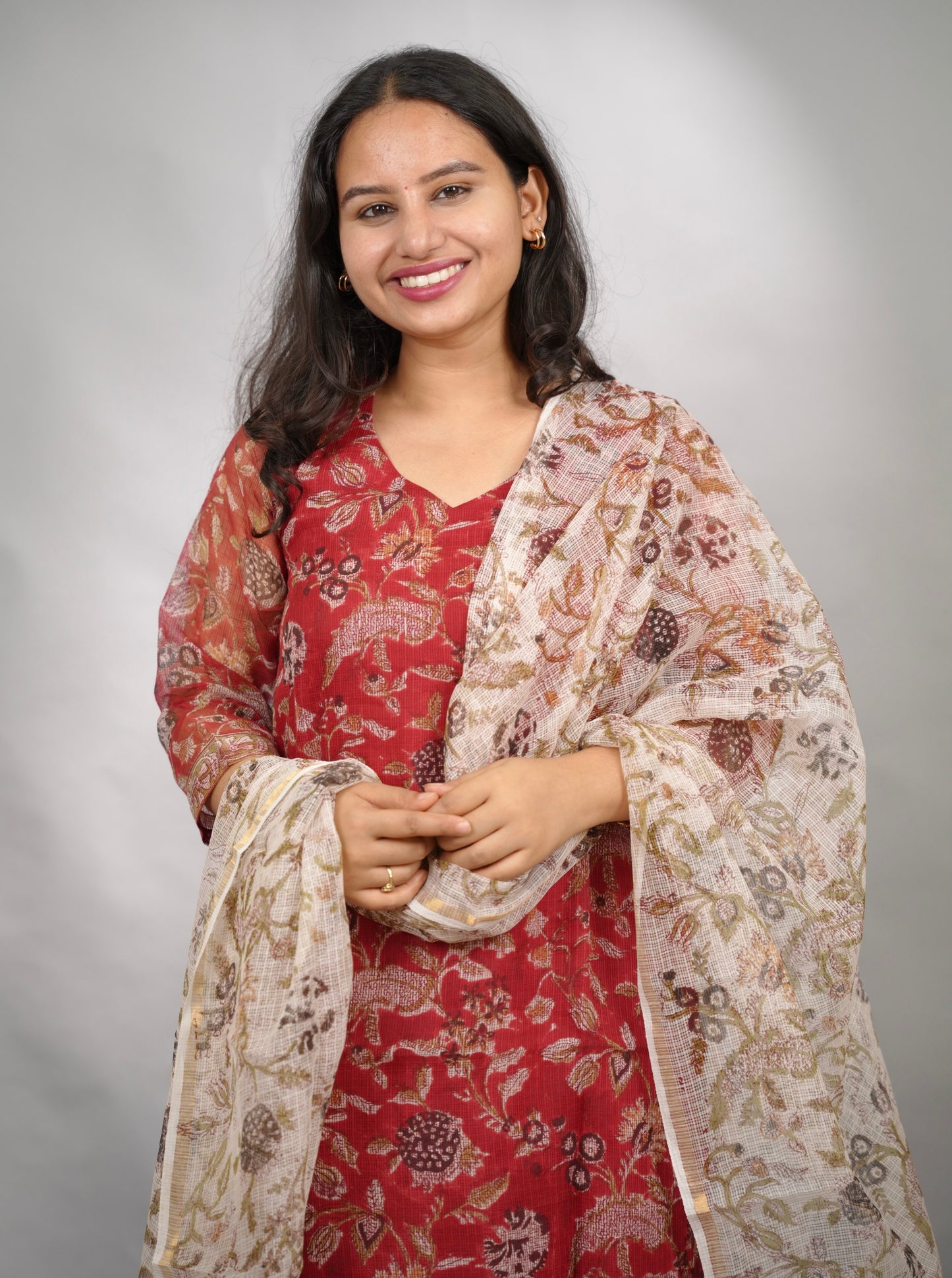 Red Handblock printed kota 3 piece suit (stitched)