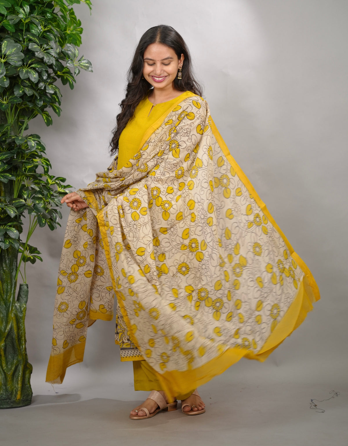 Yellow Kalamkari Kota Cotton 3 piece suit (stitched) | Looms & Tassels