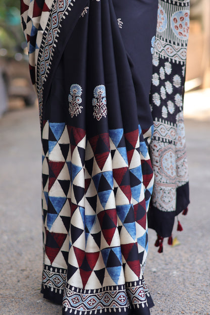 Black Geometrical & Floral Ajrakh Handblock Printed Modal Silk Saree | Looms & Tassels