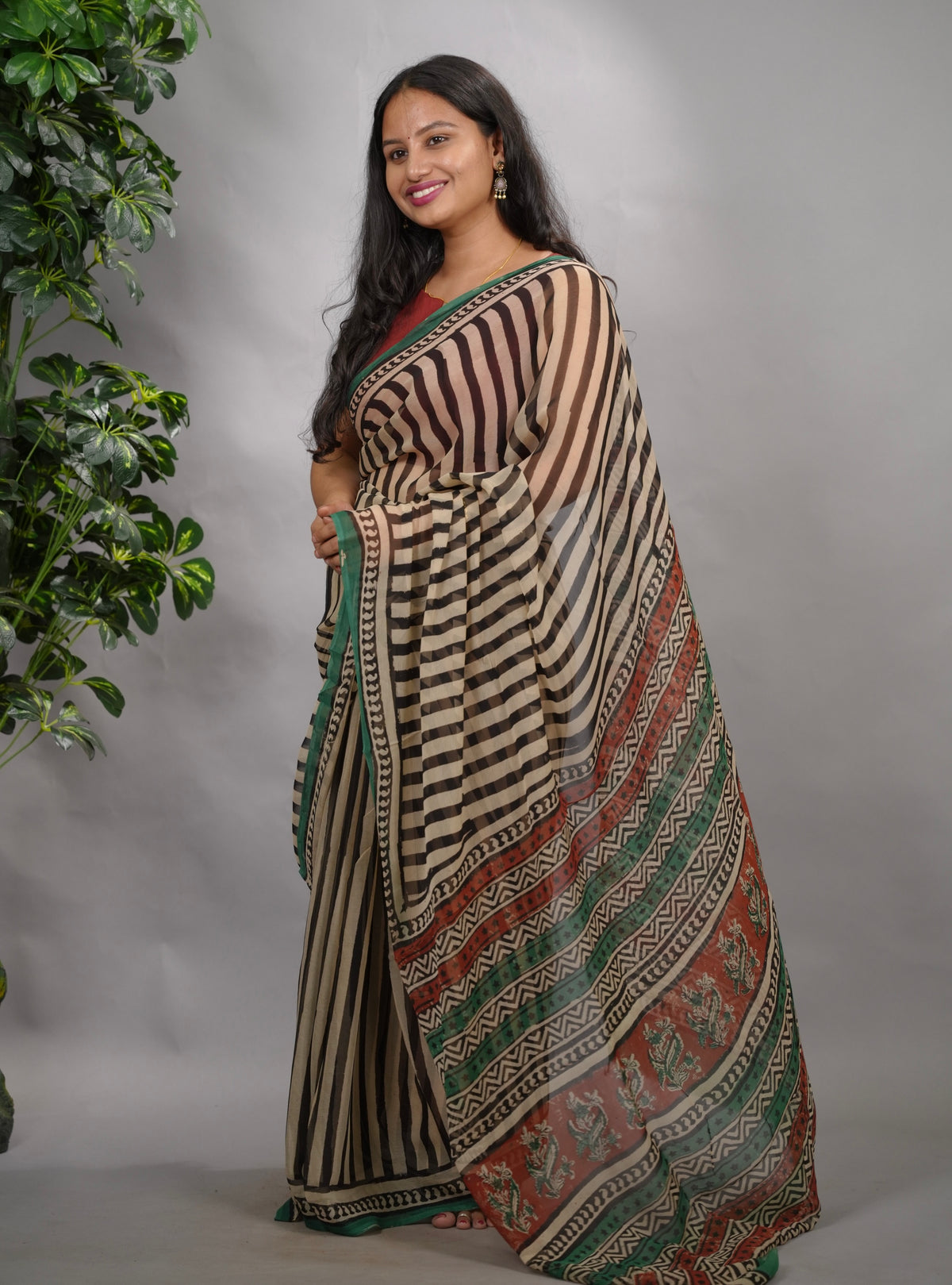 Stripes Chiffon Hand Block Printed Saree | Looms & Tassels