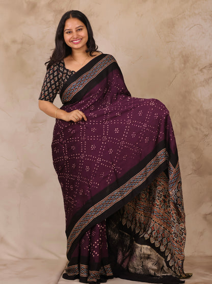 Jamun Hand Knotted Bandhej Arakh Modal Silk Saree with Lagdi Pallu | Looms & Tassels