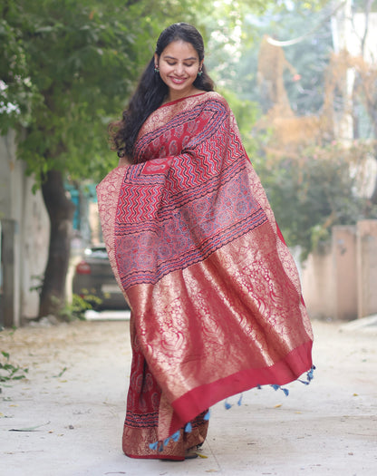 Maroon Butta Ajrakh Handblock Printed Dola Silk Saree