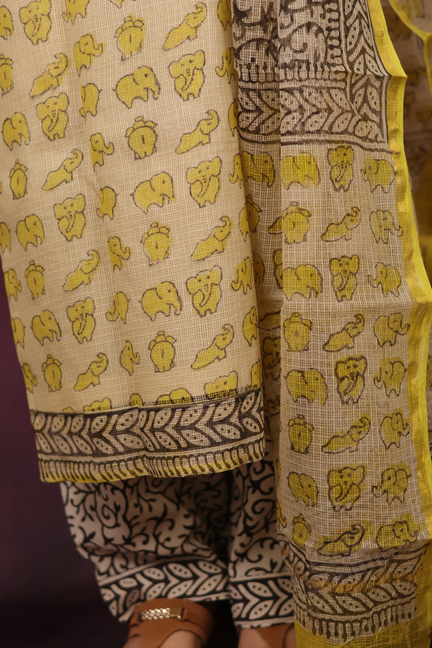 Cream & Yellow Elephant Handblock printed kota 3 piece suit (stitched)