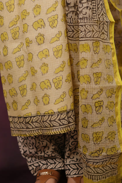 Cream & Yellow Elephant Handblock printed kota 3 piece suit (stitched)
