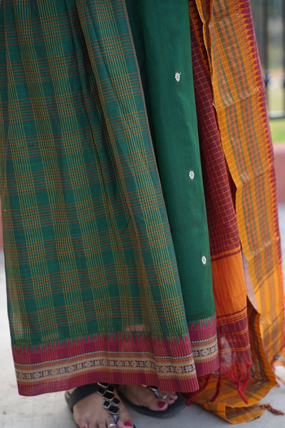 Green Narayanpet Cotton Anarkali Dress with Narayanpet Dupatta | Looms & Tassels