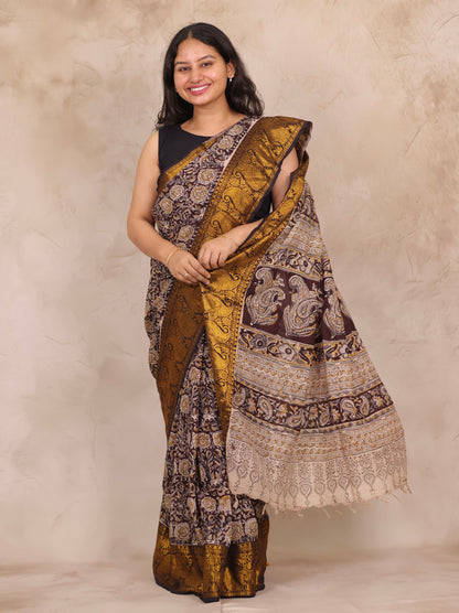 Hand Block Printed Kalamkari Kanchi Border Silk Saree