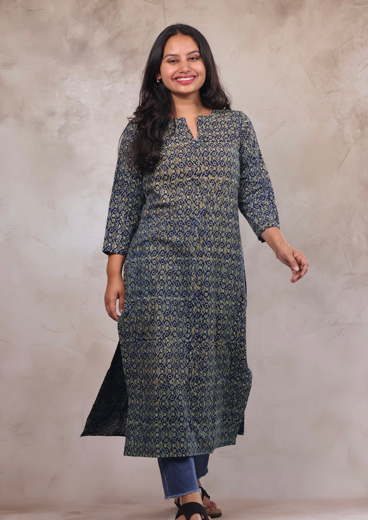 Indigo Ajrakh Hand Block Printed Kurti | Looms & Tassels