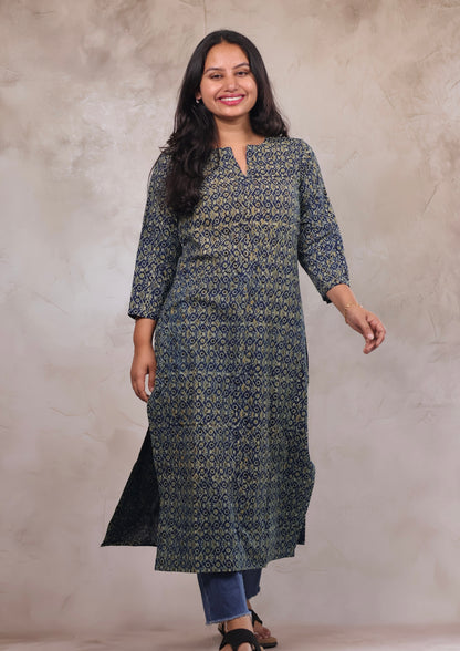 Indigo Ajrakh Hand Block Printed Kurti | Looms & Tassels