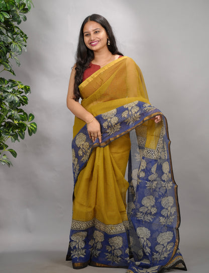 Mustard and Blue Pure Kota Doria Saree with Bagru Handblock Prints