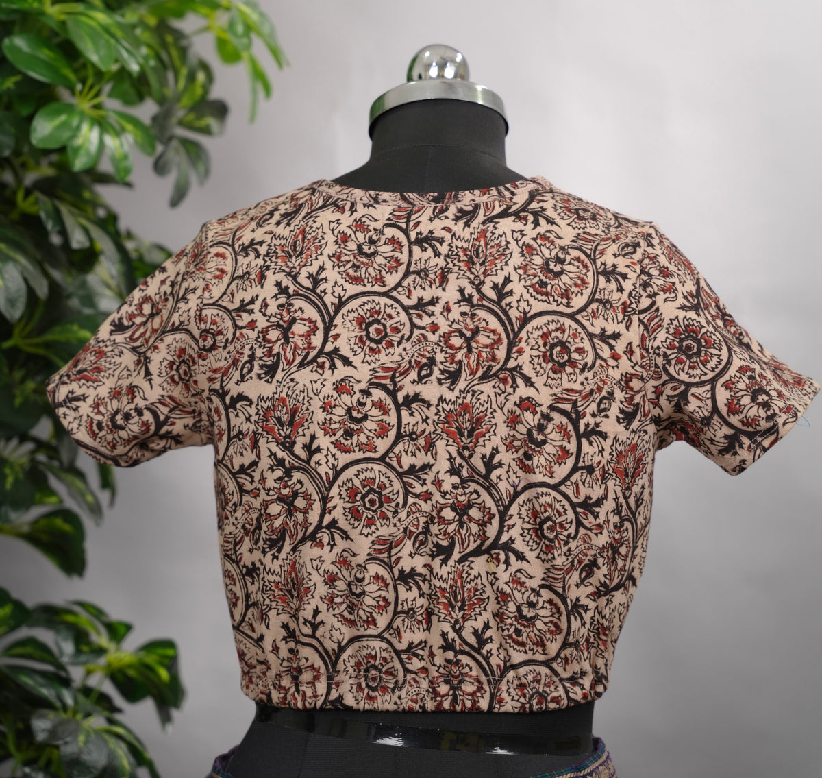 Cream V Neck Stretchable Hand block printed kalamkari blouse