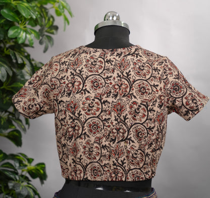 Cream V Neck Stretchable Hand block printed kalamkari blouse