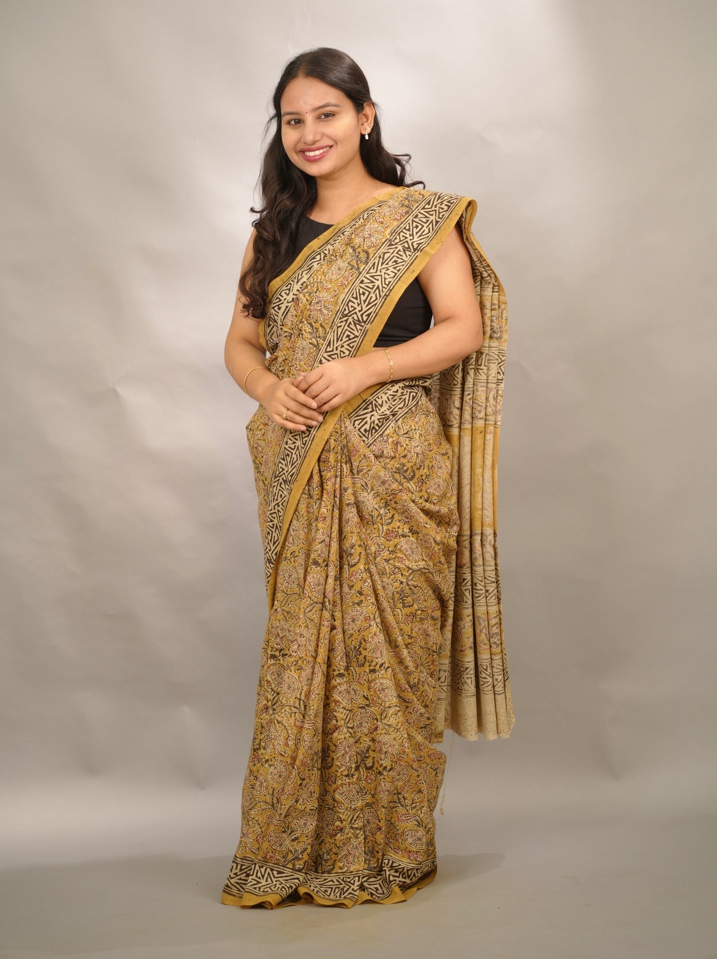 Mustard Hand Block Printed Kalamkari Cotton Saree | Looms & Tassels