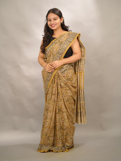 Mustard Hand Block Printed Kalamkari Cotton Saree | Looms & Tassels