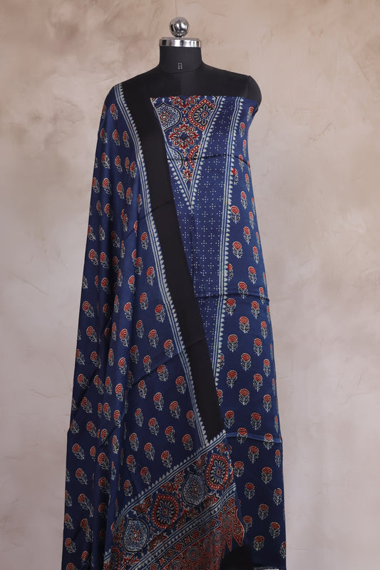 Indigo Floral Ajrakh Handblock Printed Modal Silk 2 Piece Suit Set | Looms & Tassels