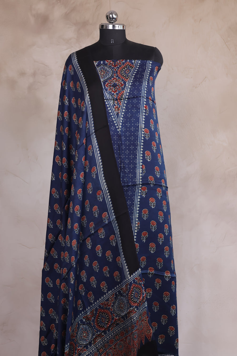 Indigo Floral Ajrakh Handblock Printed Modal Silk 2 Piece Suit Set | Looms & Tassels