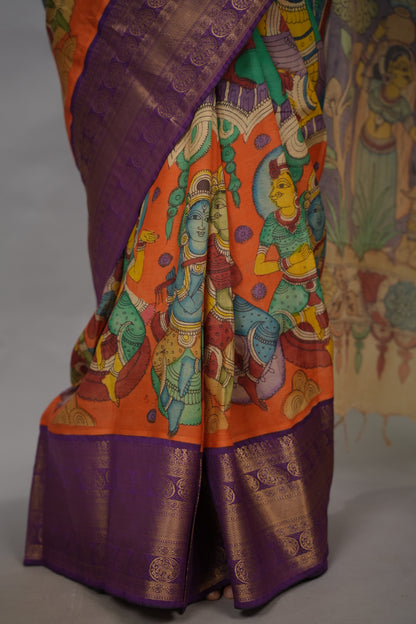 Green & Orange Hand Drawn Pen Kalamkari Bangalore Silk Kanchi Border Saree | Looms & Tassels