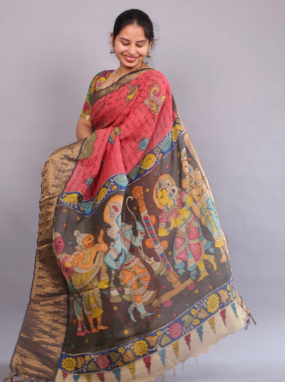 Pink Hand Painted Pen Kalamkari Silk Saree