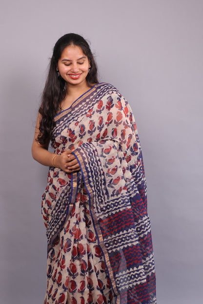 Pure Kota Doria Saree with Bagru Handblock Prints – Maroon & Blue | Looms&Tassels