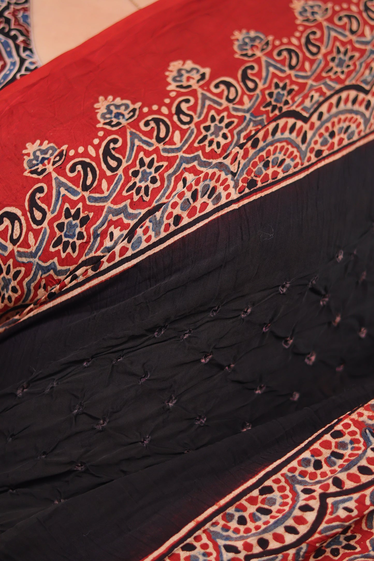 Black Ajrakh Bandhej Modal Silk Saree