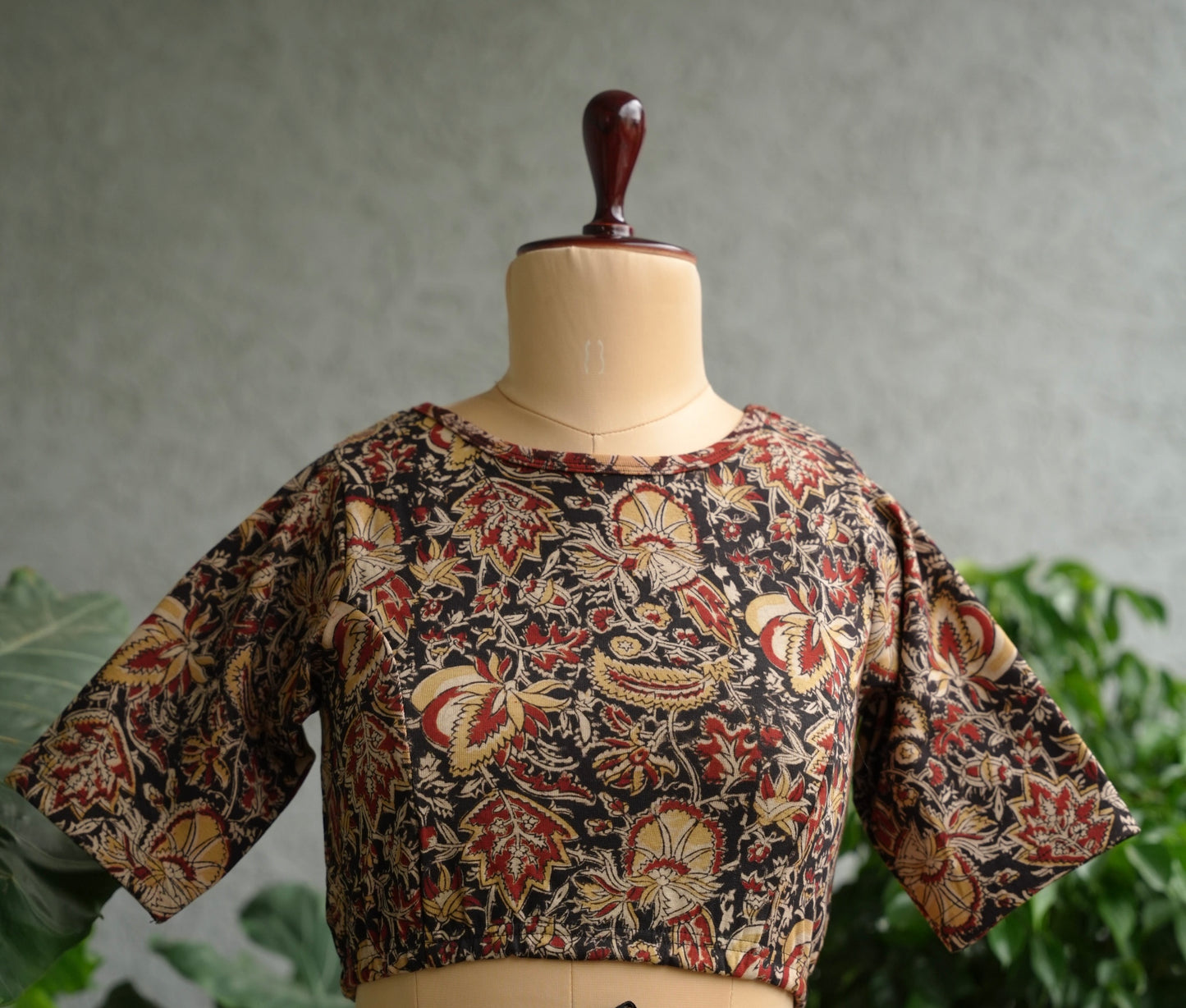 Black Boat Neck Stretchable Hand block printed kalamkari blouse