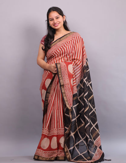 Red Bagru Hand Block Printed Maheswari Silk Cotton Saree