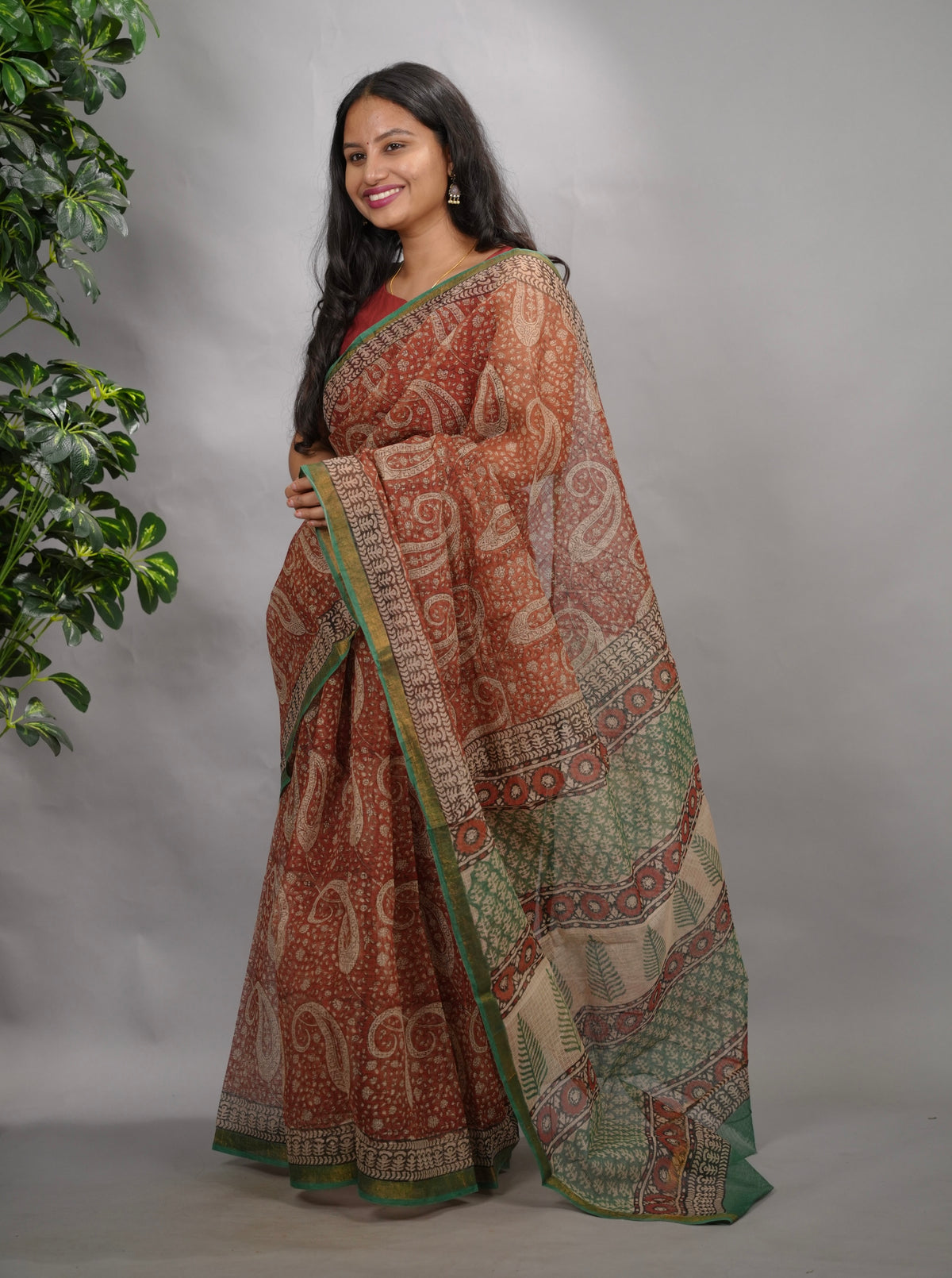 Maroon Pure Kota Doria Saree with Bagru Handblock Prints
