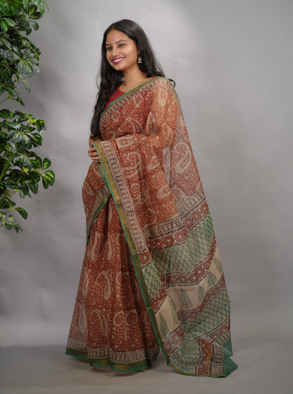 Maroon Pure Kota Doria Saree with Bagru Handblock Prints