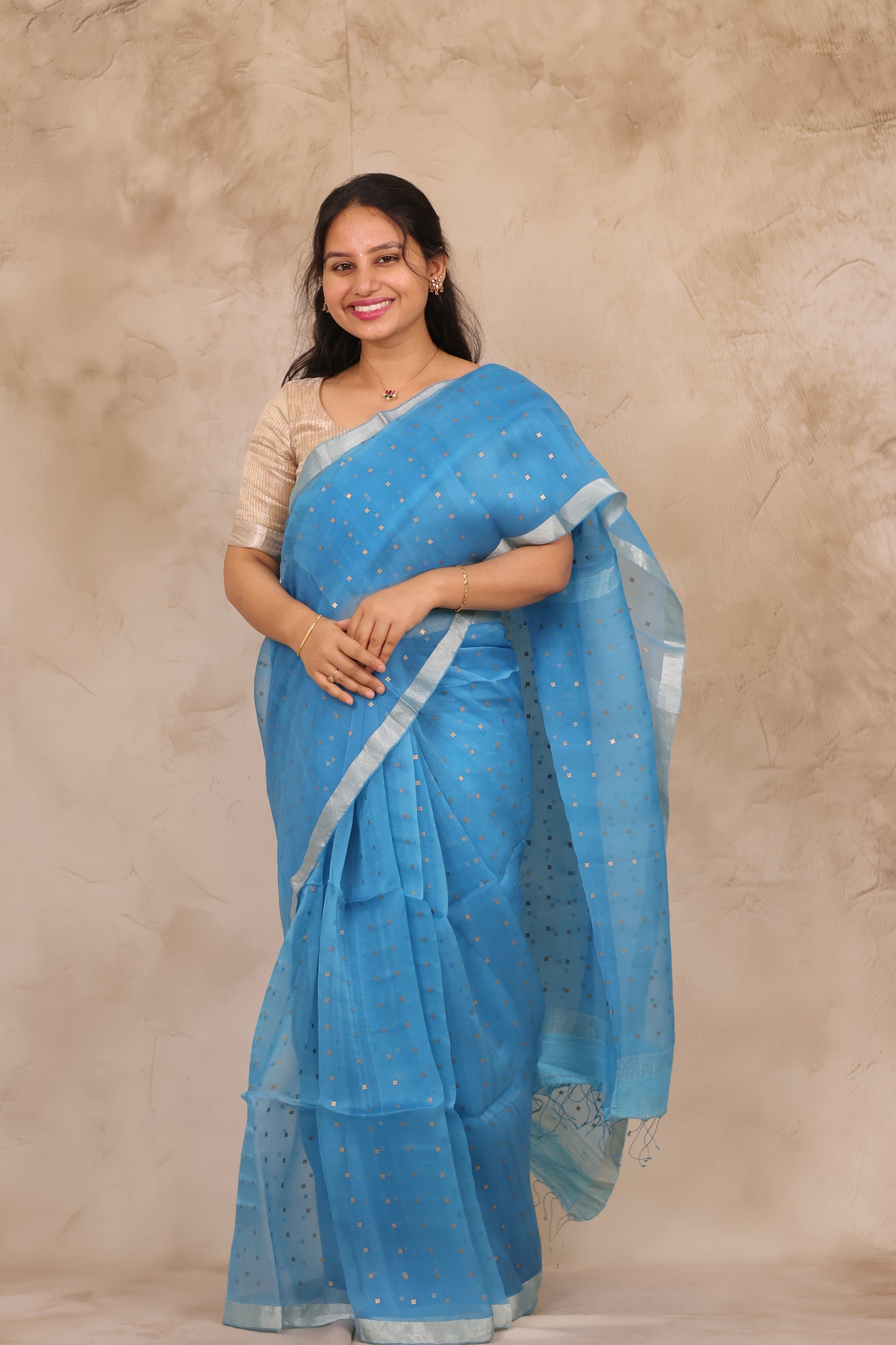 Sky Blue Handwoven Muslin Silk Saree With Sequence Work | Looms & Tassels