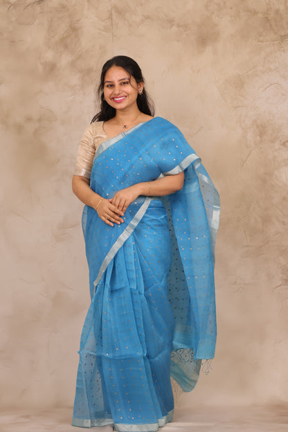 Sky Blue Handwoven Muslin Silk Saree With Sequence Work | Looms & Tassels