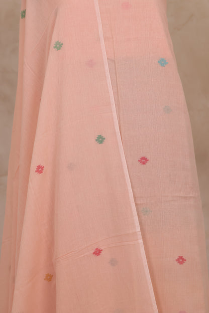 Peach Handwoven Jamdhani weaving pure Malai cotton 2 piece suit sets | Looms & Tassels