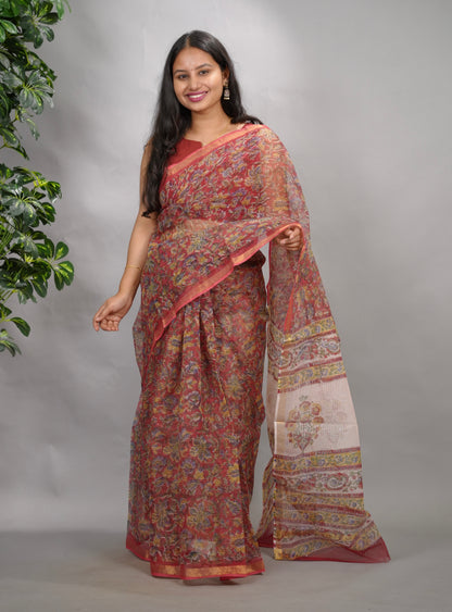 Red Floral Pure Kota Doria Saree with Bagru Handblock Prints