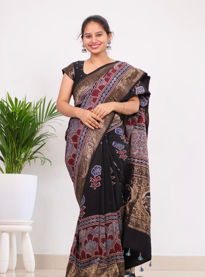 Black Ajrakh Dola Silk Saree