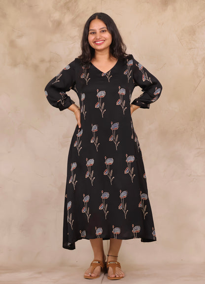 Black Ajrakh Modal Silk Aline Dress | Looms & Tassels