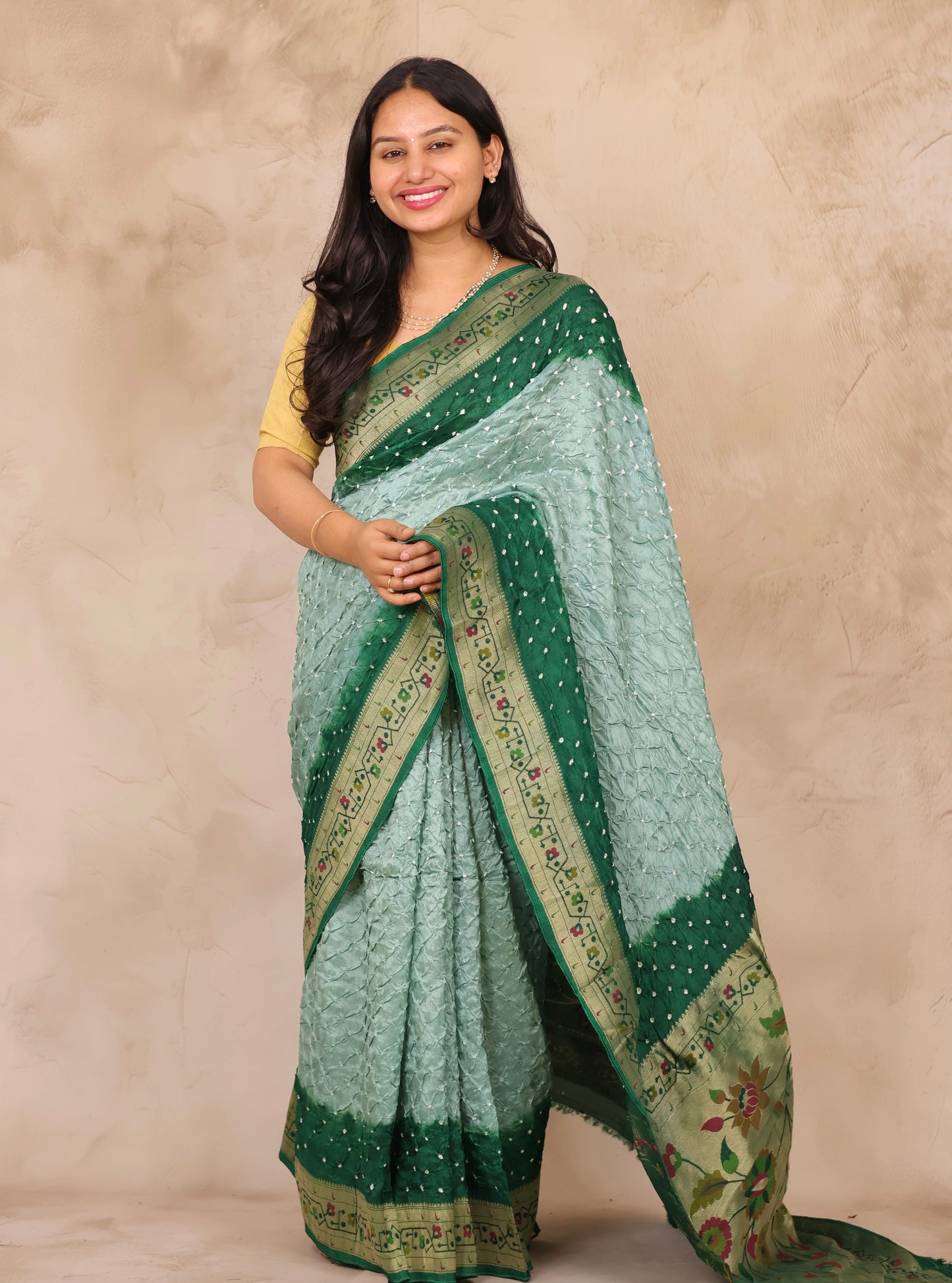 Green & Peach Handcrafted Bandhani Paithani Dola Silk Saree | Looms & Tassels