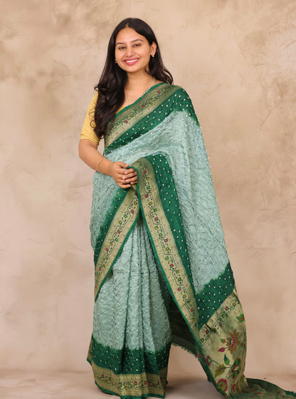 Green & Peach Handcrafted Bandhani Paithani Dola Silk Saree | Looms & Tassels