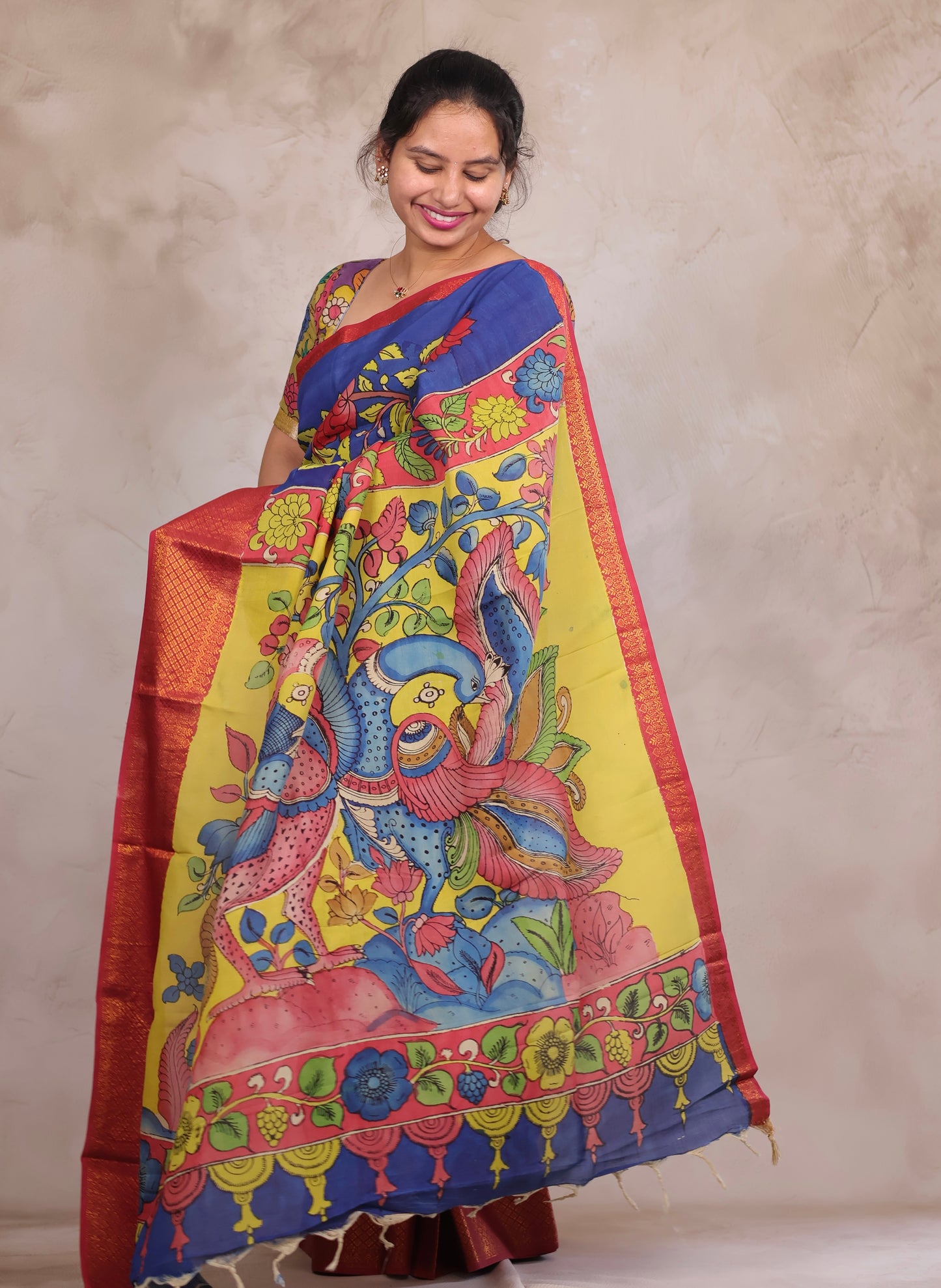 Hand Drawn Pen Kalamkari Blue And Red Bangalore Silk Kanchi Border Saree | Looms & Tassels