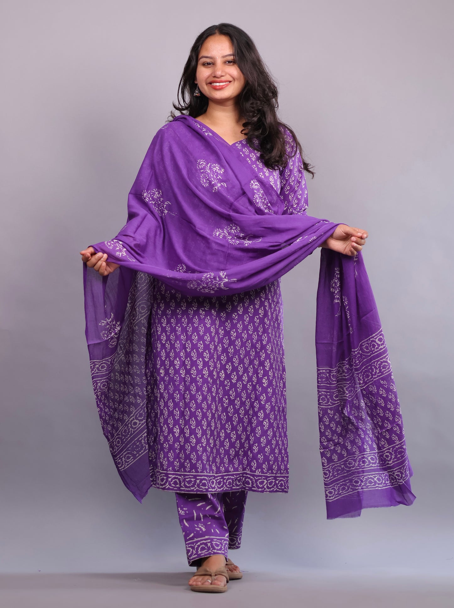 Purple Handblock printed Pure Mul Cotton with Mul Cotton Duppata 3 piece suit (stitched)