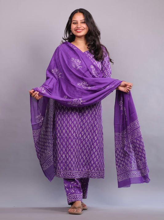 Purple Handblock printed Pure Mul Cotton with Mul Cotton Duppata 3 piece suit (stitched)