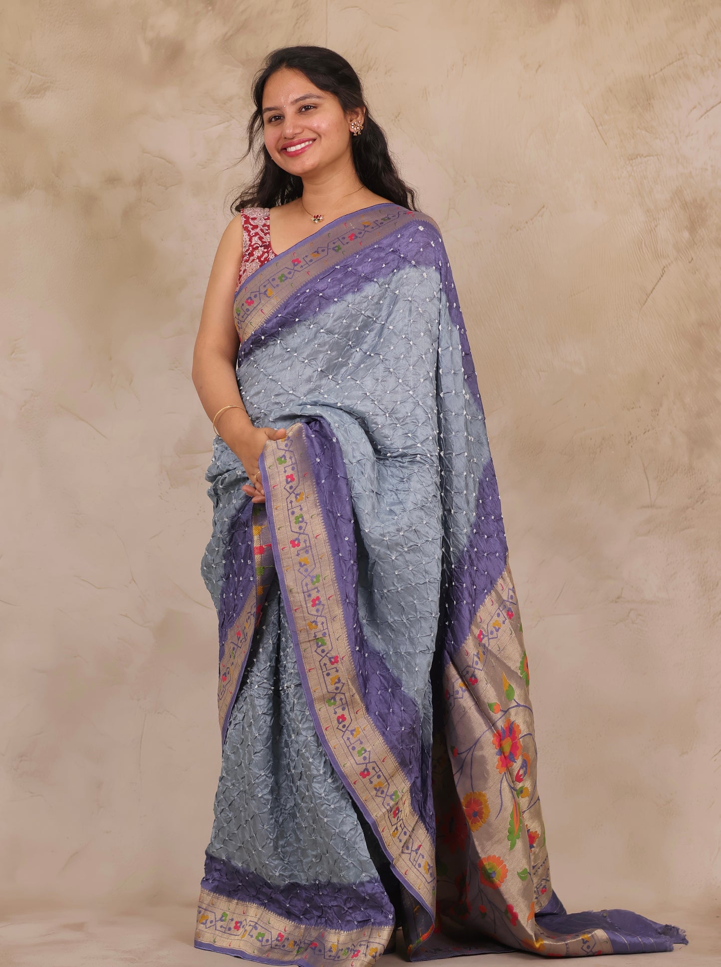 Blue & Grey Handcrafted Bandhani Paithani Dola Silk Saree | Looms & Tassels