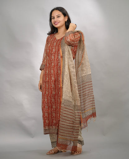 MaroonHandblock printed kota 3 piece suit (stitched)