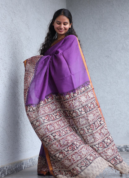 Violet Kalamkari dyeing premium chennur silk with hand block print saree